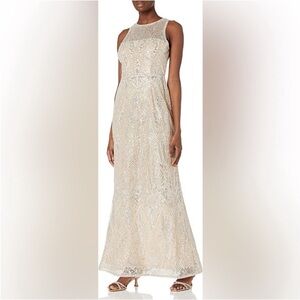 New Adrianna Papell Geo Halter Dress Gown Cream Sequins Beaded Sleeveless Size 4